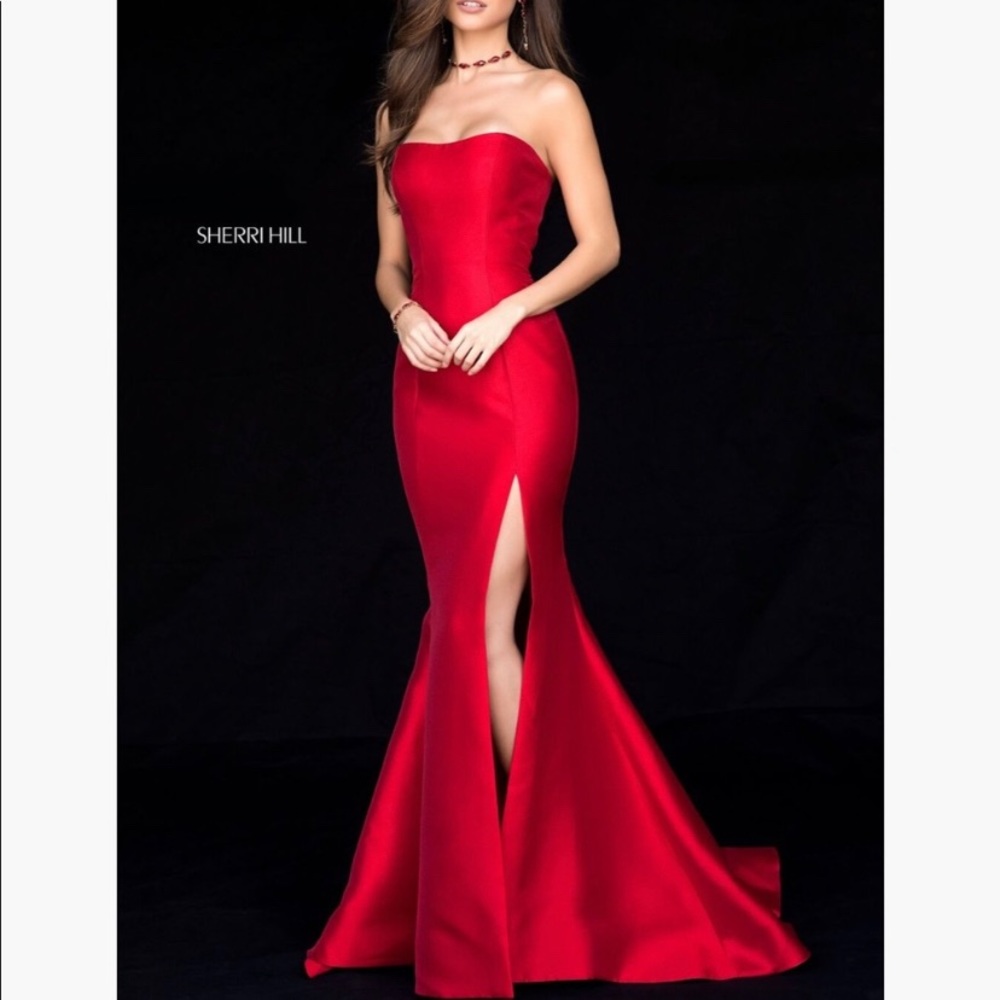 Sherri Hill Red Strapless Mikado Mermaid with Slit